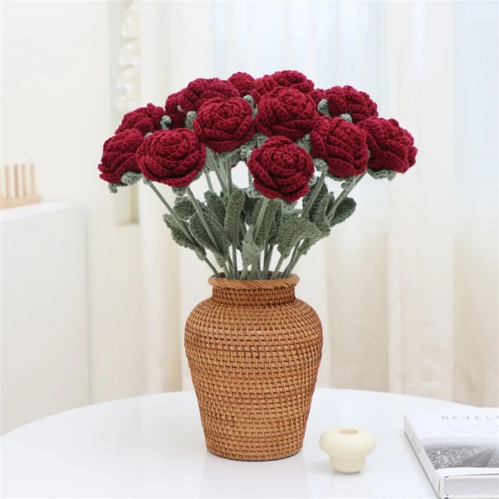 Faux Flower Arrangement, Handmade Knitted Rose Bouquet, Wedding Party Decorations