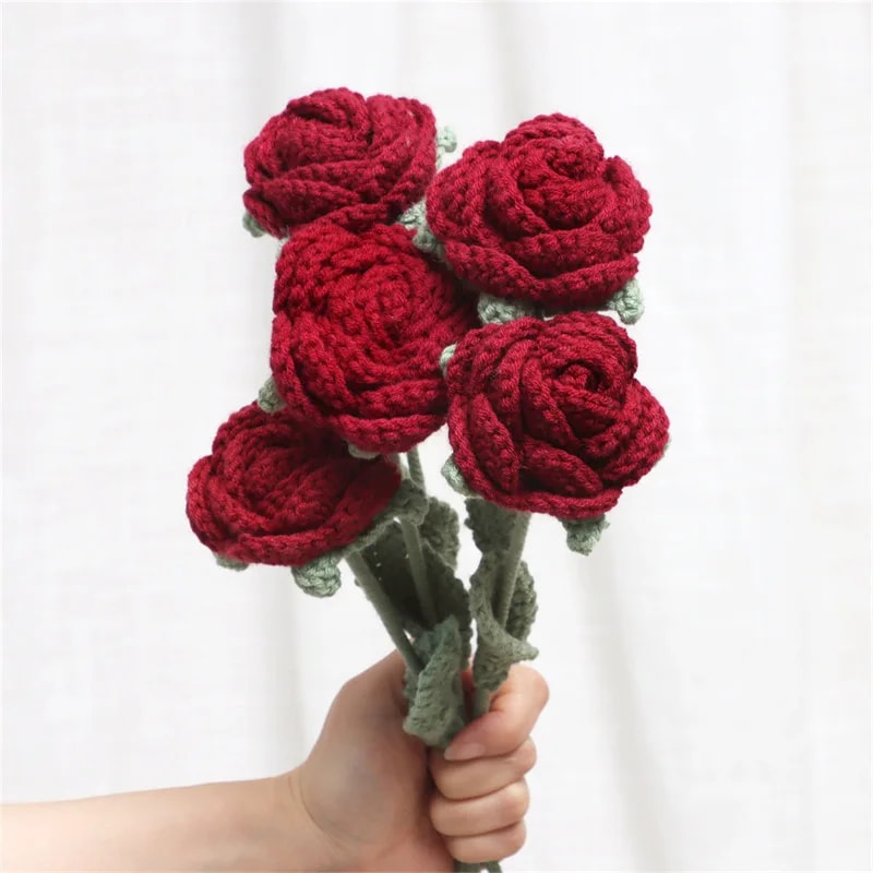 Faux Flower Arrangement, Handmade Knitted Rose Bouquet, Wedding Party Decorations