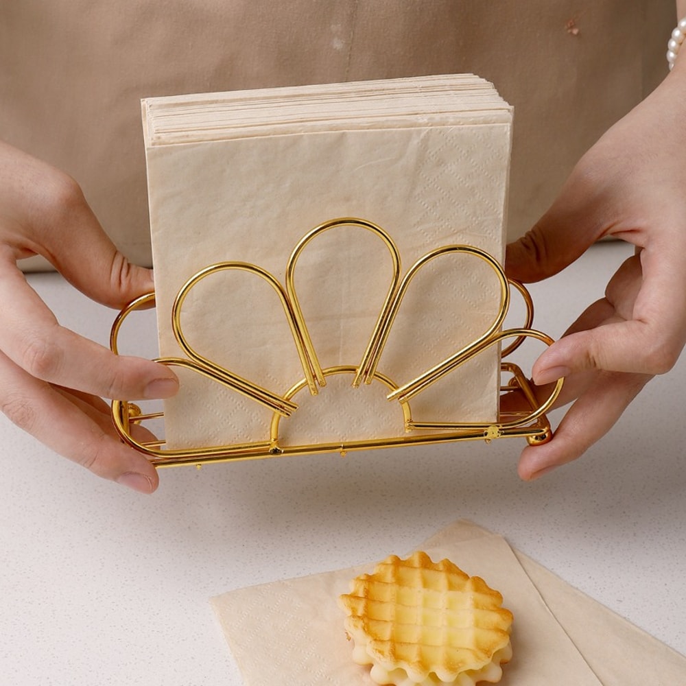 Gold Flower Petal Metal Napkin Holder, Tabletop Tissue Rack for Dining Table Decor