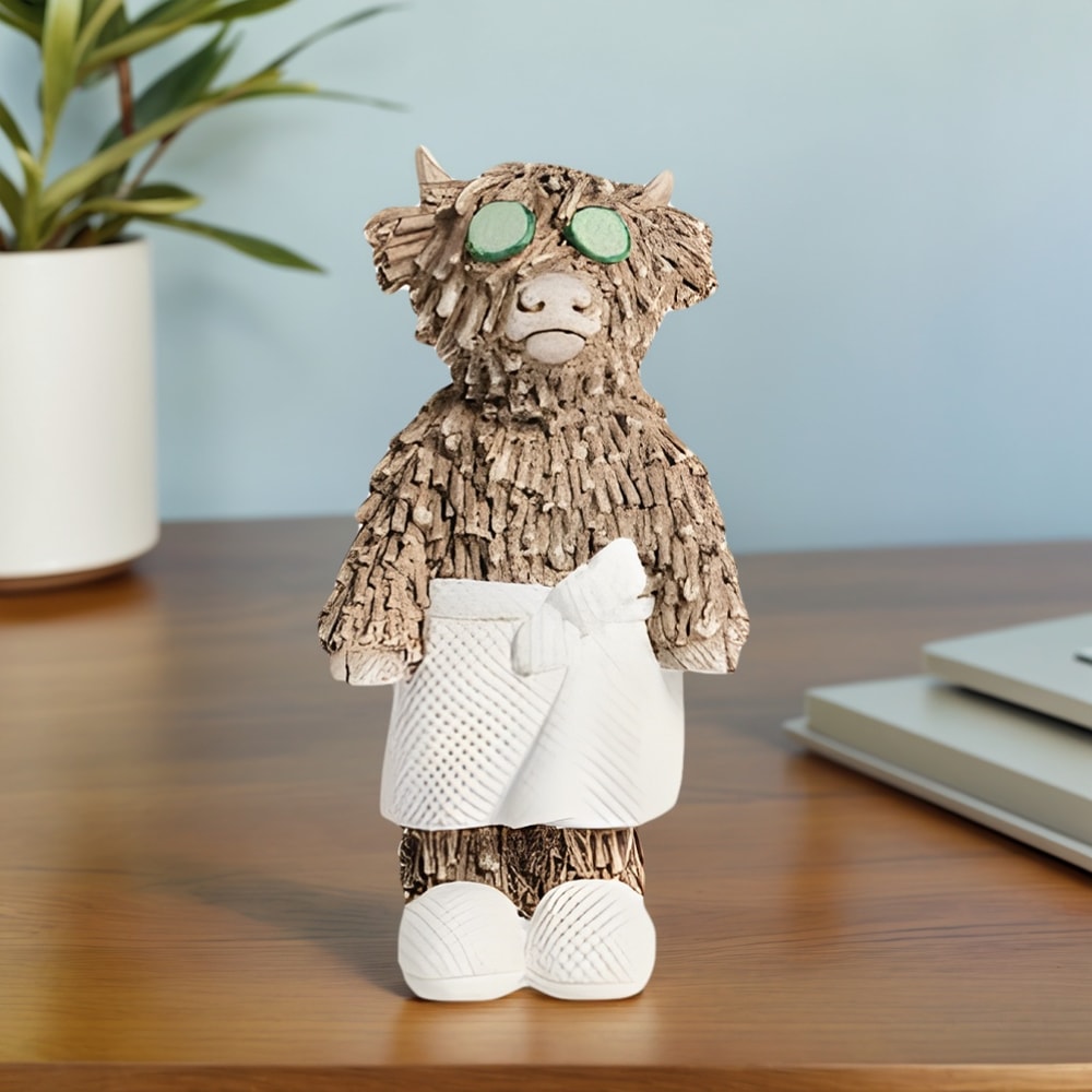 Whimsical Home Desktop Decoration, Highland Cow Wearing a Bathrobe with Eyes Sticking to a Cucumber Statue