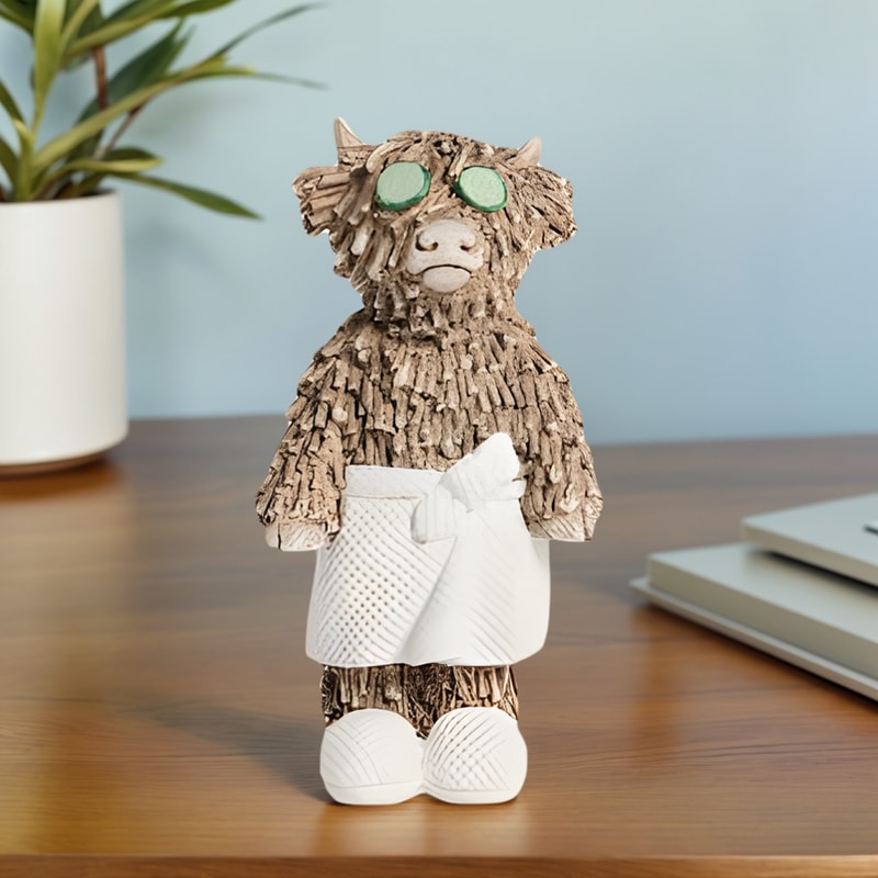 Whimsical Home Desktop Decoration, Highland Cow Wearing a Bathrobe with Eyes Sticking to a Cucumber Statue