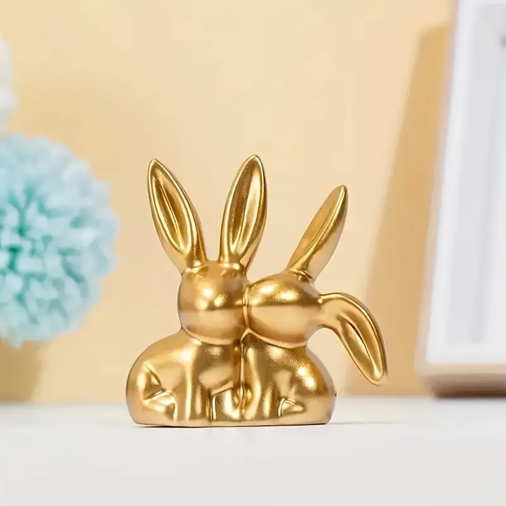 Collectible Figurine, Golden Cute Double Rabbit Ornament for Creative Home Desktop Decor