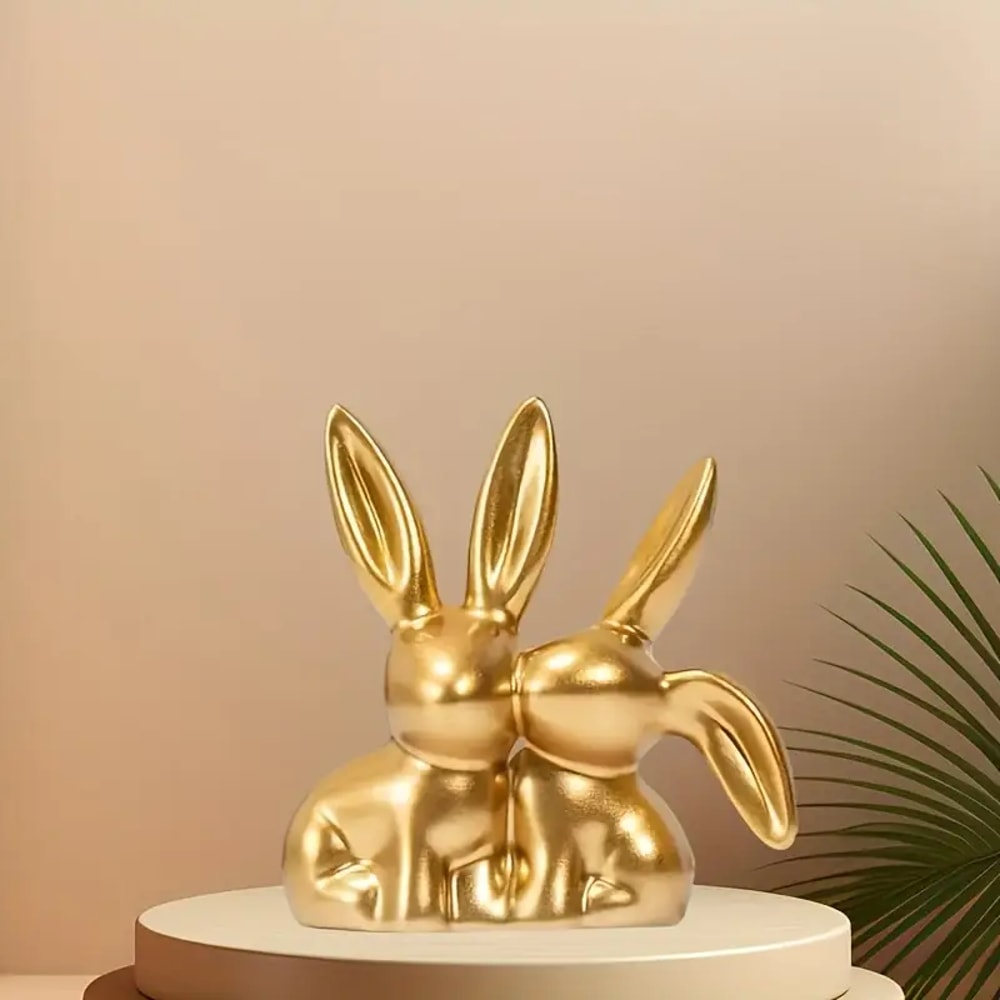 Collectible Figurine, Golden Cute Double Rabbit Ornament for Creative Home Desktop Decor