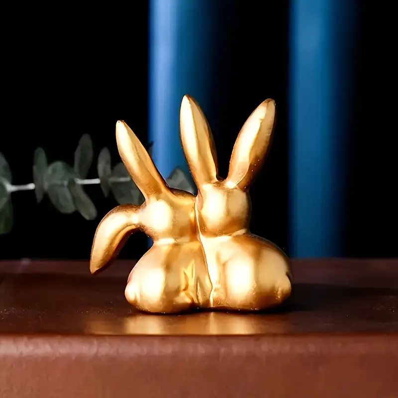 Collectible Figurine, Golden Cute Double Rabbit Ornament for Creative Home Desktop Decor