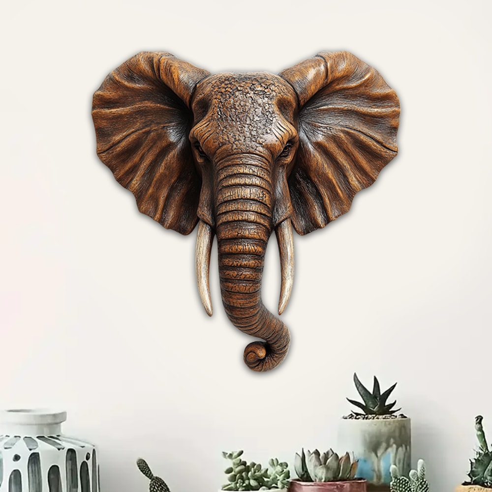 Large-Scale Wooden Elephant Head Art, Retro Festival Wall Hanging, Flat Home Decoration