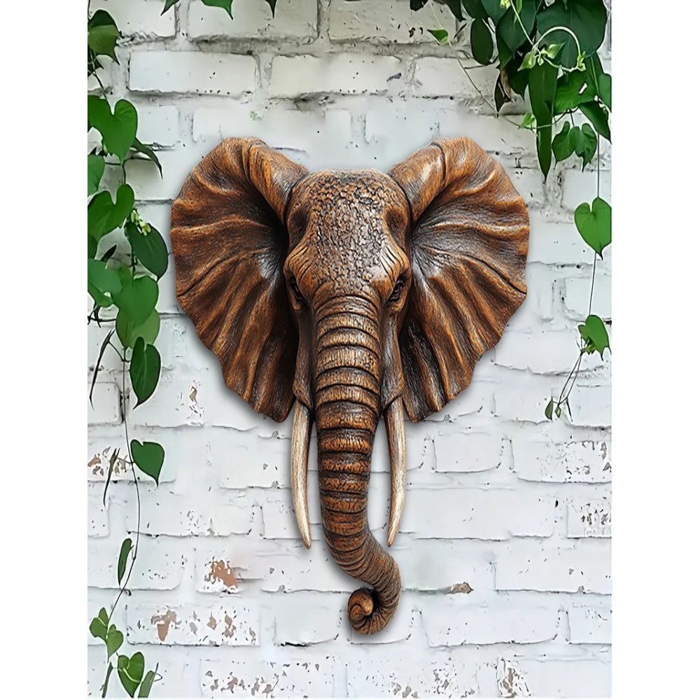 Large-Scale Wooden Elephant Head Art, Retro Festival Wall Hanging, Flat Home Decoration