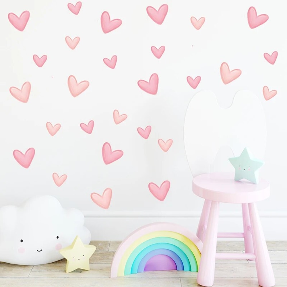 Waterproof Pink Heart Shape Wall Stickers for Kids, Removable PVC, Home Decoration for Kindergarten Rooms