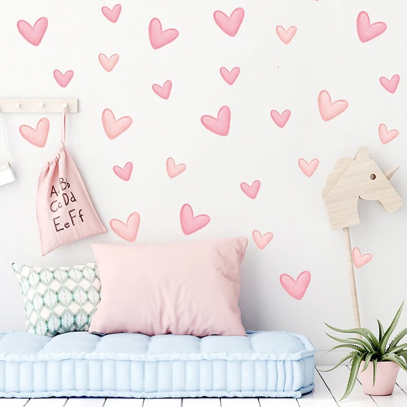 Waterproof Pink Heart Shape Wall Stickers for Kids, Removable PVC, Home Decoration for Kindergarten Rooms