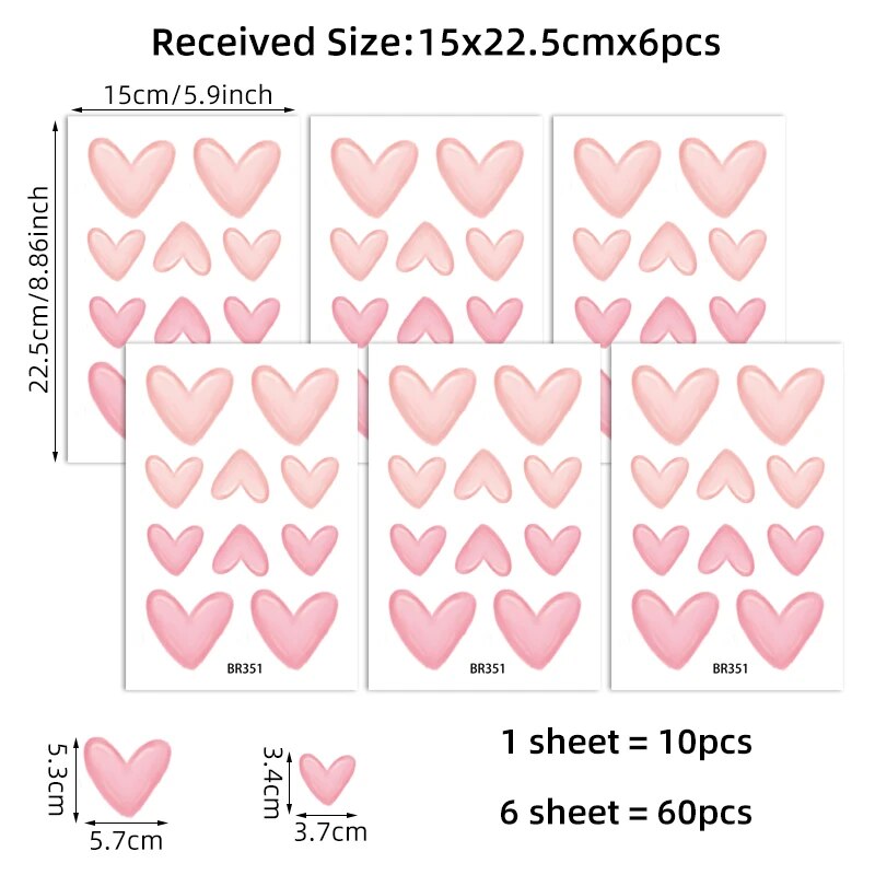 Waterproof Pink Heart Shape Wall Stickers for Kids, Removable PVC, Home Decoration for Kindergarten Rooms