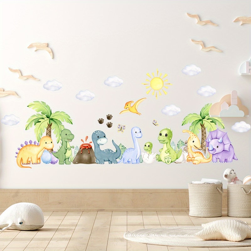 Dinosaur Cartoon Wall Stickers for Children Room, Boys Nursery Background Decoration Wall Decals