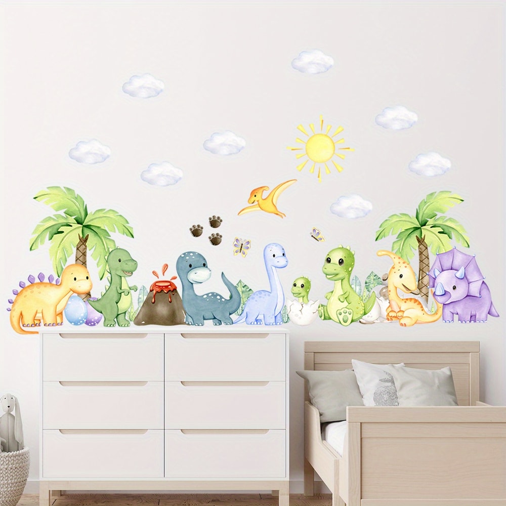 Dinosaur Cartoon Wall Stickers for Children Room, Boys Nursery Background Decoration Wall Decals