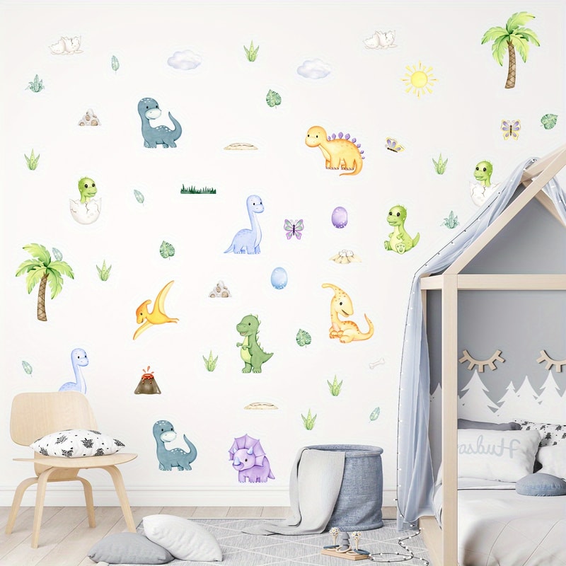 Dinosaur Cartoon Wall Stickers for Children Room, Boys Nursery Background Decoration Wall Decals