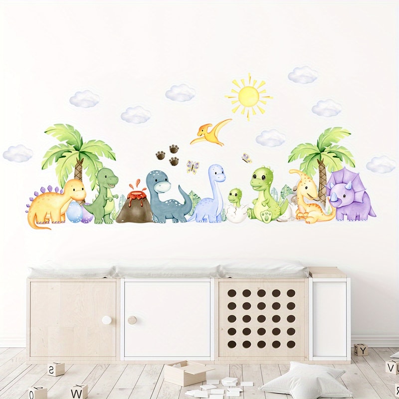Dinosaur Cartoon Wall Stickers for Children Room, Boys Nursery Background Decoration Wall Decals