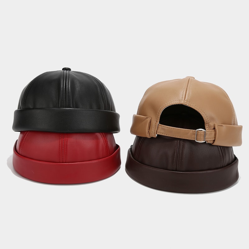 Adjustable PU Leather Landlord Hat Men Women Retro Melon Skin Caps Fashionable Autumn Winter Docker 1