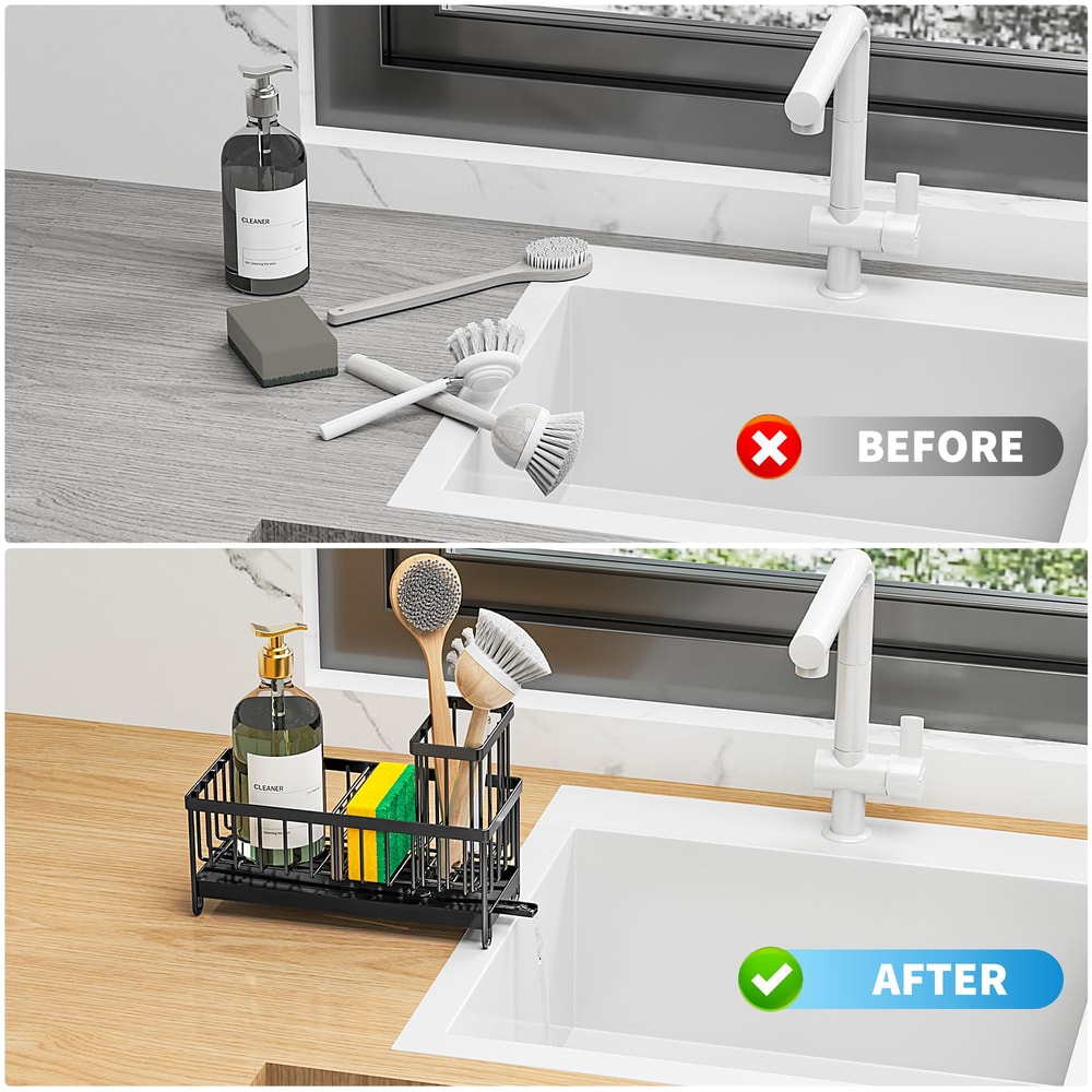 Must-Have Kitchen Accessories: Kitchen Sink Sponge Holder with High Brush Rack and Countertop Storage Organizer