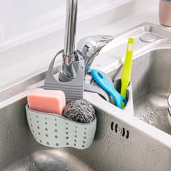 drain rack for kitchen faucet, adjustable sponge holder, sink hanging basket, no drill drying storage bag organizer