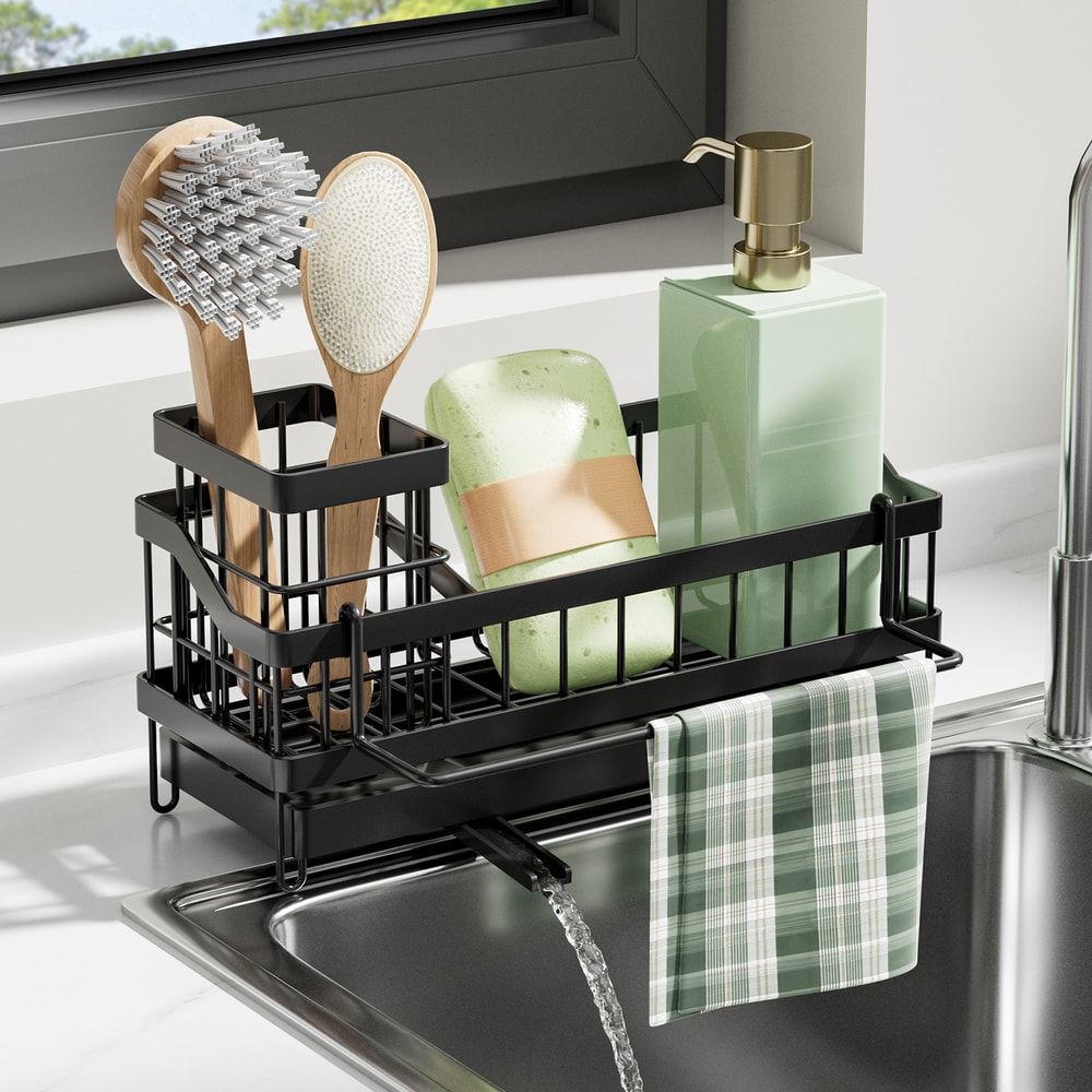 Drill-Free Wall-Mounted Dishwashing Sponge Holder Rack, Long Brush Drain Racker for Kitchen Storage