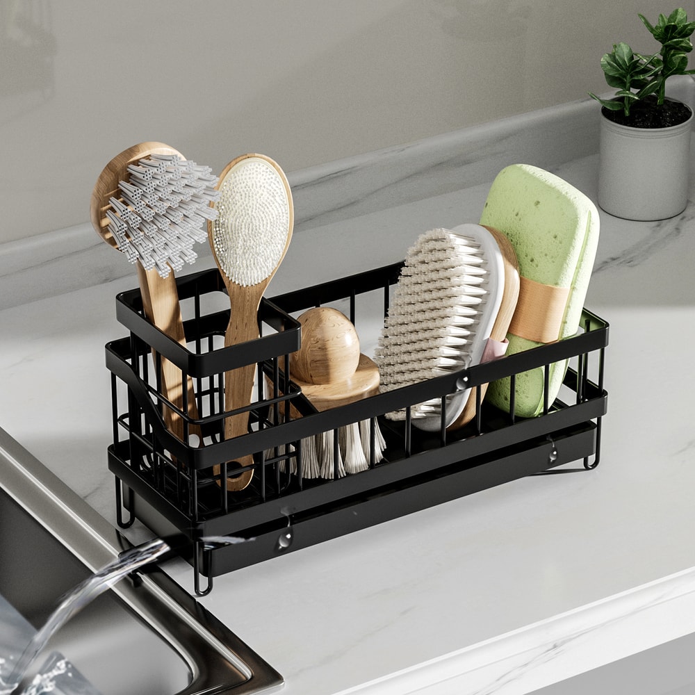 Drill-Free Wall-Mounted Dishwashing Sponge Holder Rack, Long Brush Drain Racker for Kitchen Storage