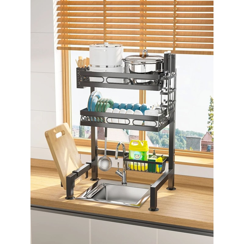 Kitchen Storage Organizer with Over-the-Sink Dish Drying Rack, Utensil Holder, Sponge Holder and Hooks