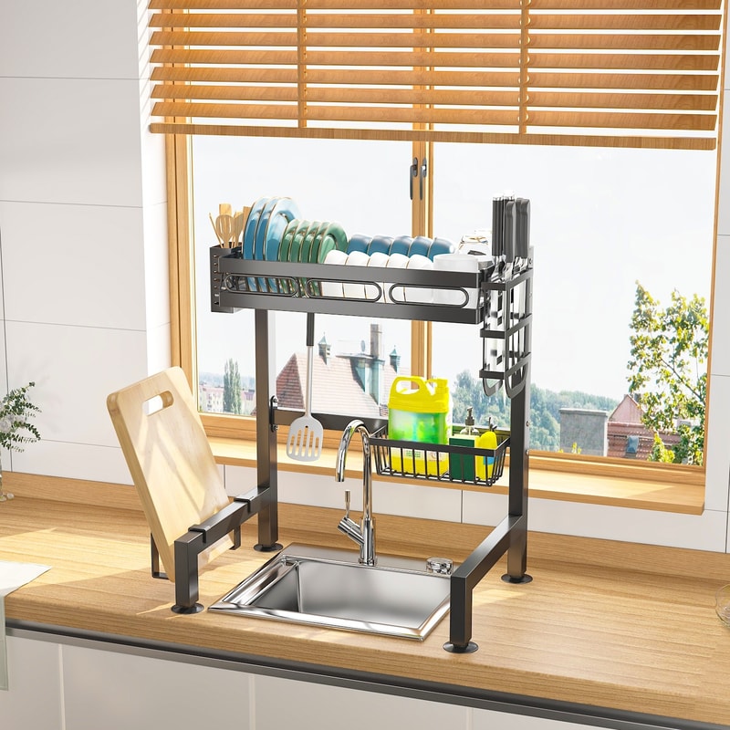 Kitchen Storage Organizer with Over-the-Sink Dish Drying Rack, Utensil Holder, Sponge Holder and Hooks