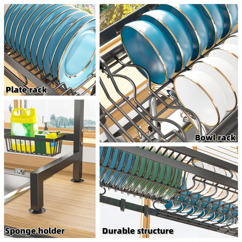 Kitchen Storage Organizer with Over-the-Sink Dish Drying Rack, Utensil Holder, Sponge Holder and Hooks