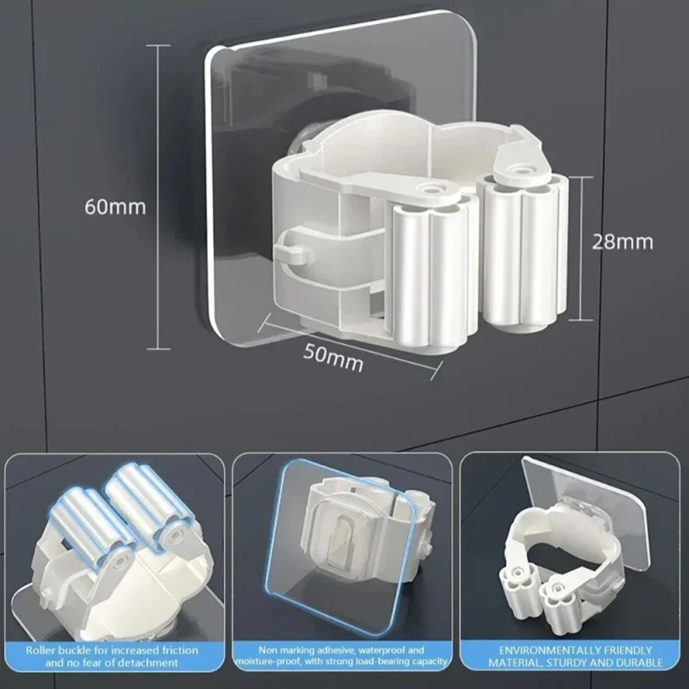 Hanging Pipe Mop Storage Rack, Waterproof Wall-Mounted Mop Clip for Bathroom with Suction Hanger