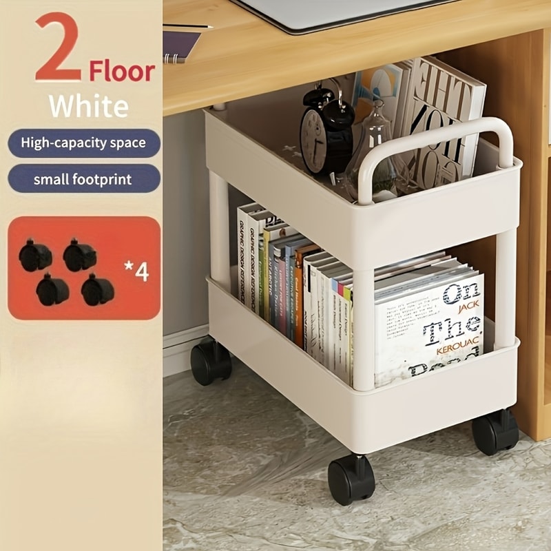 Space-Saving Rolling Storage Cart with Portable Handle for Bedroom, Bathroom, Kitchen, Office - Standing Shelf Organizer