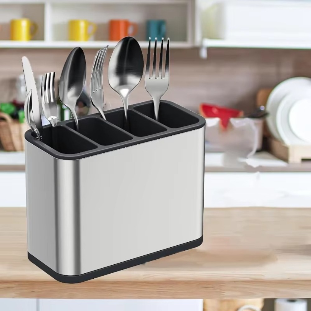 Stainless Steel Kitchen Cutlery Organizer, Large Capacity Utensil Holder, Removable Divider with Sturdy Drip Tray Base