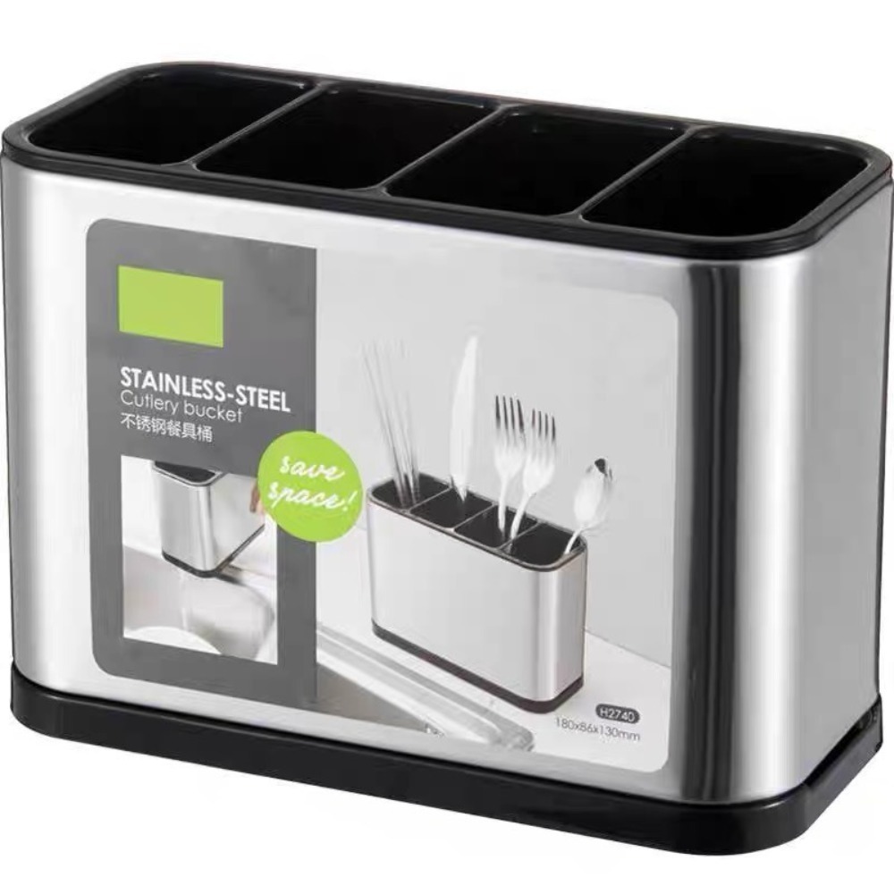 Stainless Steel Kitchen Cutlery Organizer, Large Capacity Utensil Holder, Removable Divider with Sturdy Drip Tray Base