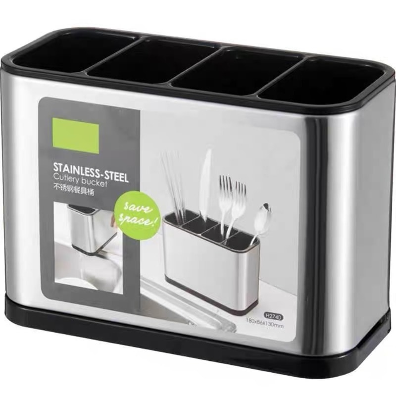 Stainless Steel Kitchen Cutlery Organizer, Large Capacity Utensil Holder, Removable Divider with Sturdy Drip Tray Base