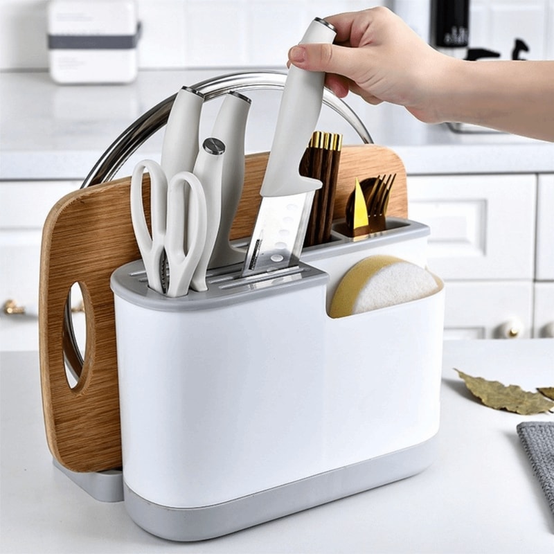 Space Saving Multi Kitchen Cutlery Holder Waterproof Chopstick Bucket Cutting Board Rack 4