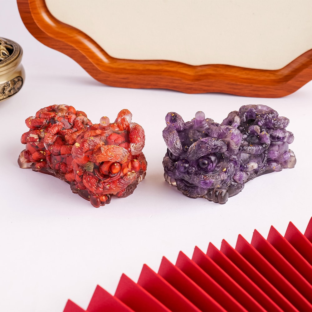 Statue Reiki Stone Figurine Amulet, Natural Crystal Stone Lion Dance, Fengshui Sculpture for Home Office Decoration