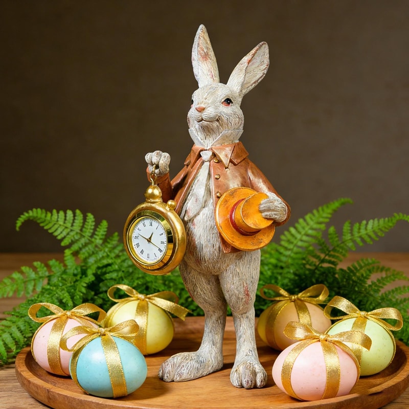 Animal Easter Resin Creative Decor, Easter Cute Rabbit Bunny Ornament, Clock Pocket Watch Decoration, Top Hat Gentleman