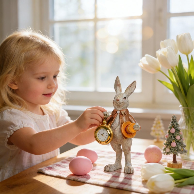 Animal Easter Resin Creative Decor, Easter Cute Rabbit Bunny Ornament, Clock Pocket Watch Decoration, Top Hat Gentleman