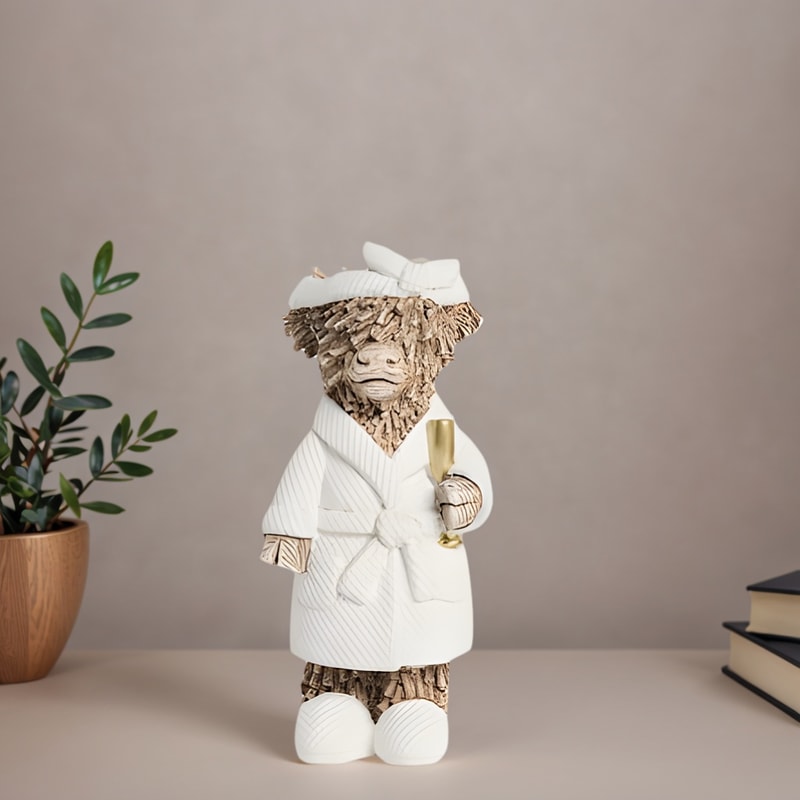 Resin Craft Tabletop Statue, Country Style Highland Cow Holding Champagne Decorative Statue, Thanksgiving Christmas Home