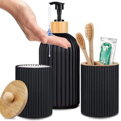 home decoration organizer for bathroom: soap dispenser, cotton ball holder & toothbrush storage
