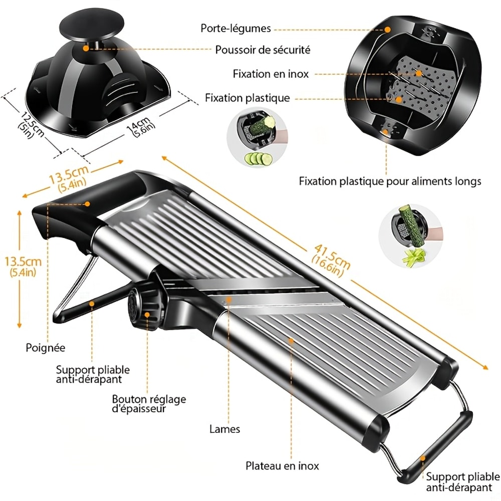 Mandoline Slicer with Stainless Steel Blades & Holder - Safe Food Chopper for Vegetables, Fruit, Easy Clean