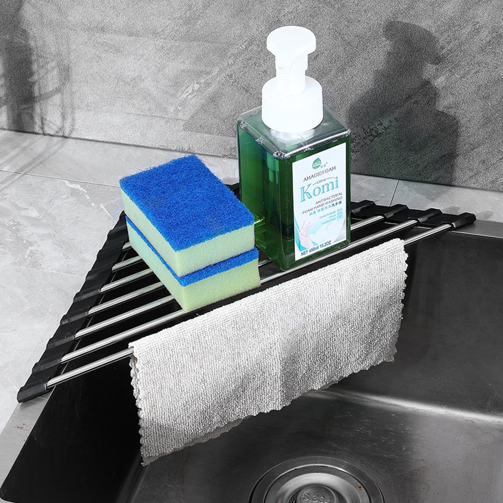 Over the Sink Sponge Rag Holder, Roll Up Triangle Dish Drying Rack, Corner Kitchen Organizer
