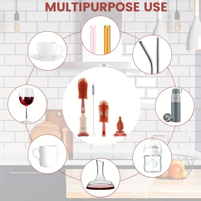 Standing Brush, Silicone Bottle & Tea Cup Cleaner, Three-in-One Straw Brush Set for Nipple & Cup