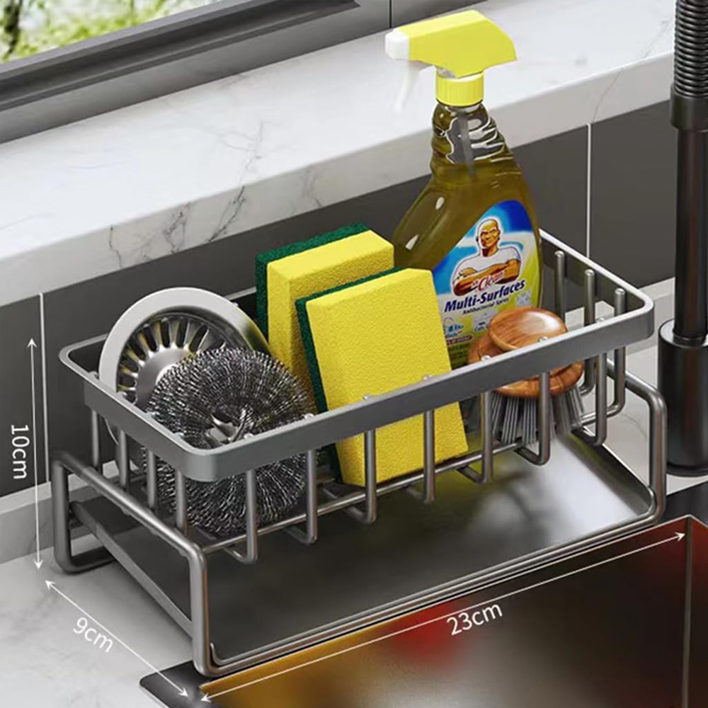 Storage Rack for Sponge Brush, Kitchen Sink Organizer Carbon Steel with Tilted Water Tray