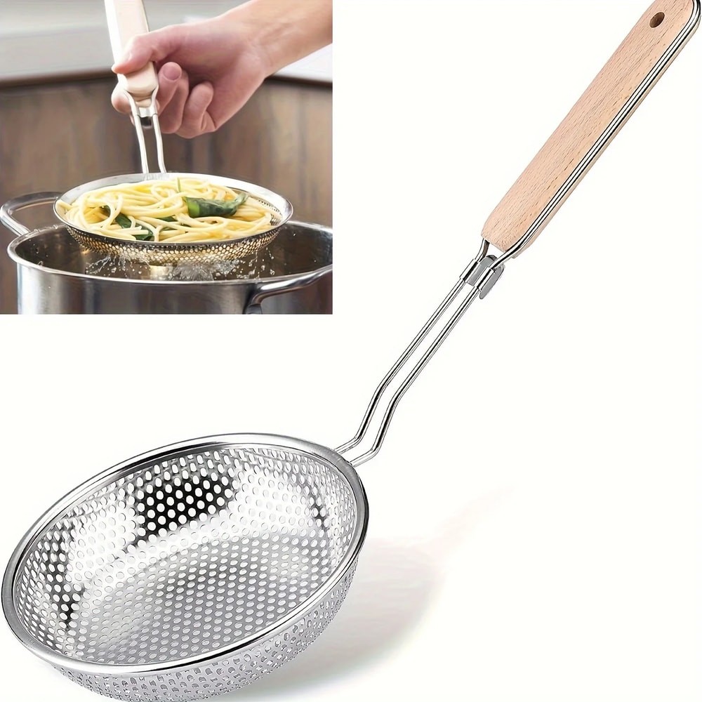 Fine Mesh Skimmer Spoon for Cooking, Stainless Steel Colander with Wooden Handle for Food Prep and Pasta Noodles