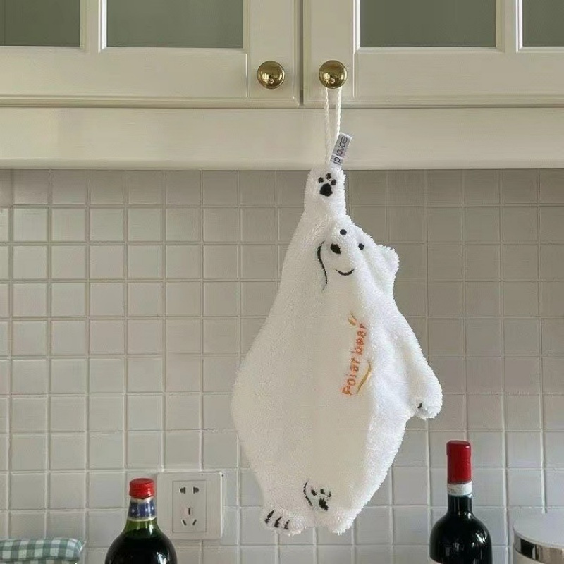 Super Absorbent Polar Bear Hand Wiping Towel Coral Design Cartoon Hanging Kitchen Towel 0