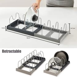kitchen cabinet organizers for pots and pans, expandable stainless steel rack, drying cookware shelf