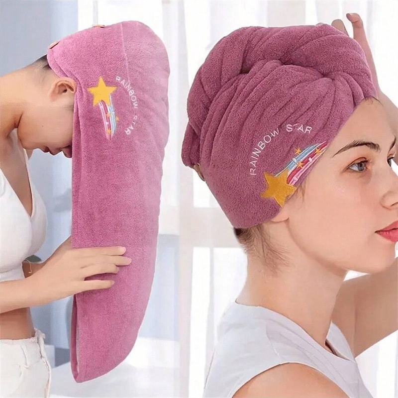 Women's Absorbent Quick Drying Shower Cap, Embroidery Style Hair Drying Cap, Coral Fleece Thickened Towel