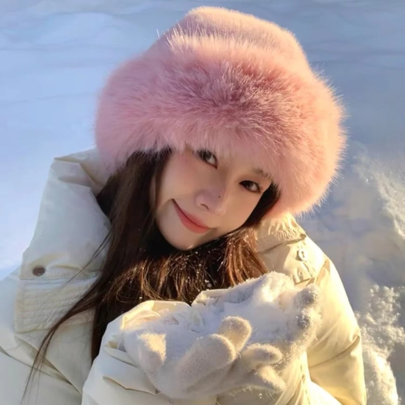Solid Color Fisherman Hat New Fluffy Fur Winter Hat Thicken Windproof Panama Cap 1
