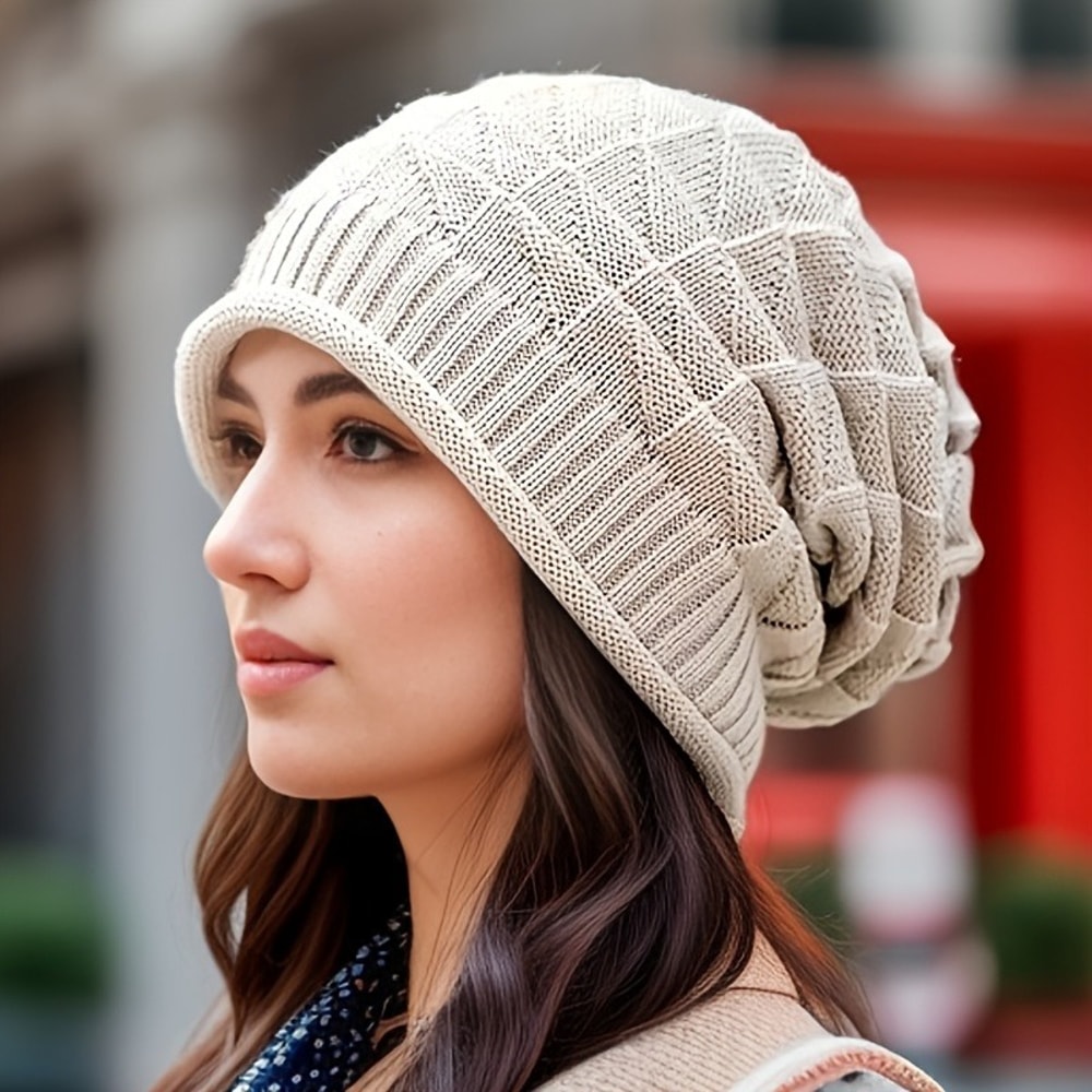 Chunky Slouch Cap With Elastic Ear Warmers Womens Beanie Hat Fashionable Lightweight For Autumn 1