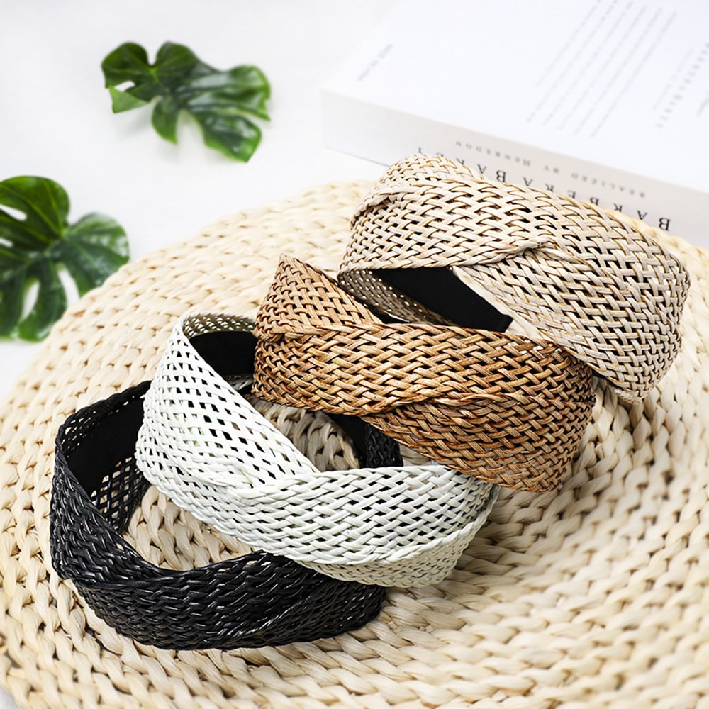 Weaving Cross Hair Hoop Beach Style Straw Headband WideBrimmed Headwear 4
