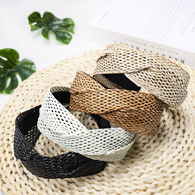 Weaving Cross Hair Hoop Beach Style Straw Headband WideBrimmed Headwear 4