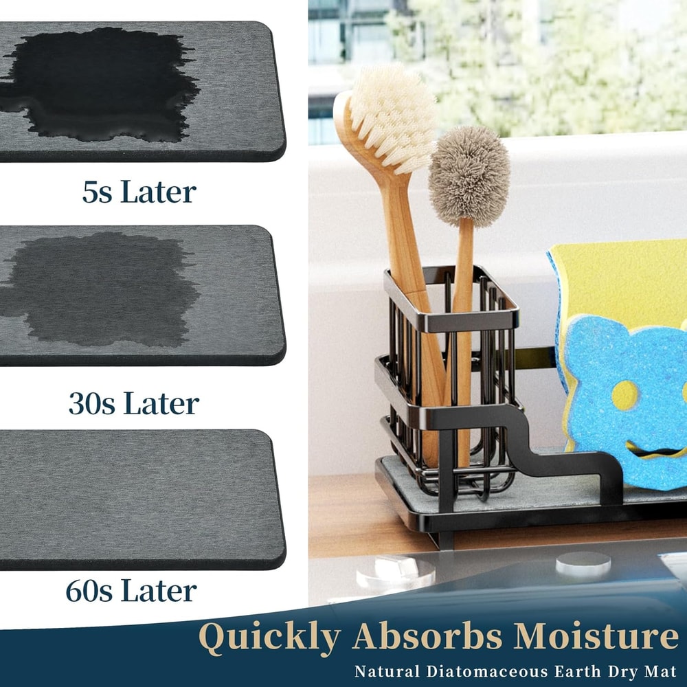 Stainless Steel Sink Caddy Organizer with Fast-Dry Kitchen Sponge Holder, Diatomite Base