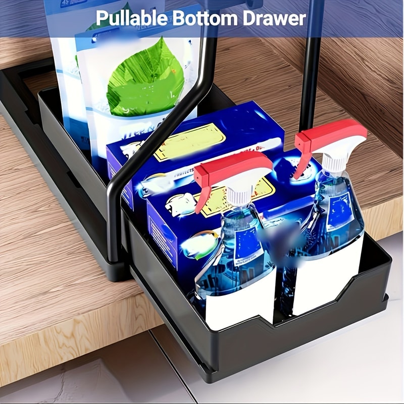 Large Capacity Space Saving Storage Rack, Out Under Sink Organizer with Hooks, Durable, Kitchen Bathroom Cabinet